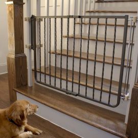 Wrought Iron Decor Hardware Mounted Pet Gate (Color: Bronze, size: 27" - 42.5" x 29.5")