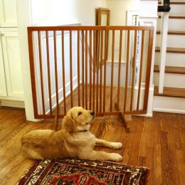 Extra Tall Freestanding Pet Gate (Color: Oak, size: 27.5" - 51" x 36")